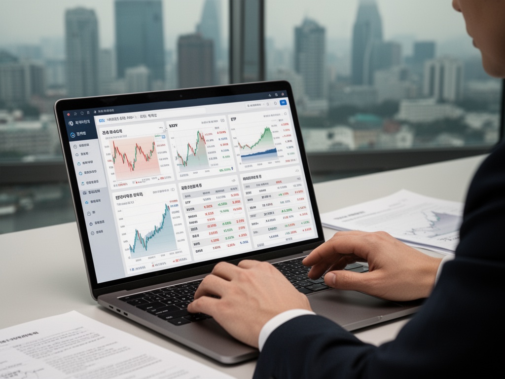 A Korean investor reviewing multiple investment product categories—stocks, ETFs, bonds—displayed on a laptop screen.