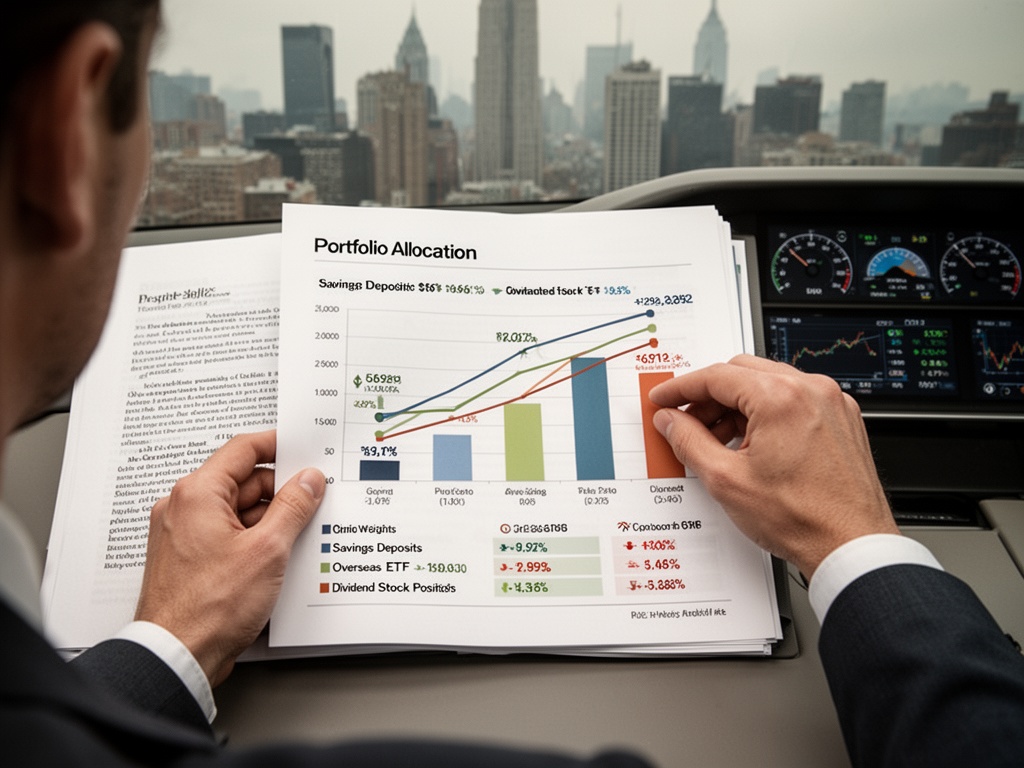 Hands organizing a portfolio allocation diagram, shifting weights from savings deposits toward overseas ETF and dividend stock positions.