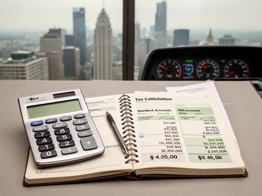 A calculator and notebook showing tax calculation comparisons between standard accounts and ISA accounts with final savings figures.