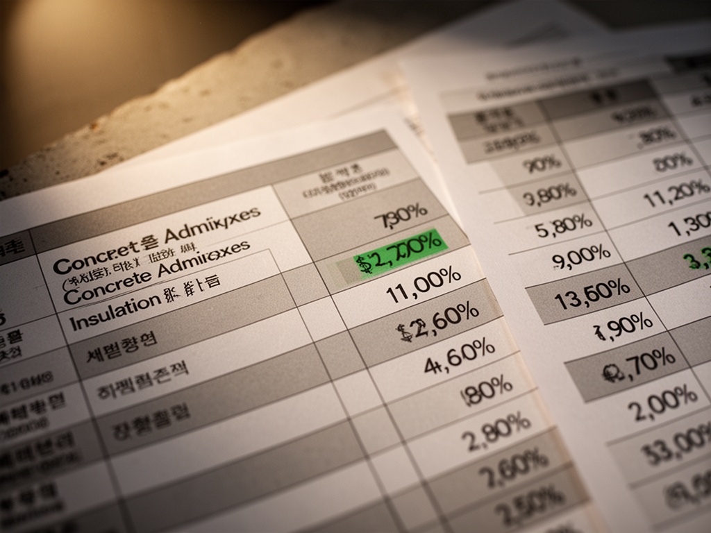 Close-up of construction material price lists showing percentage increases in concrete admixtures and insulation costs.