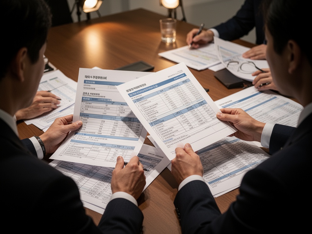 Hands of urban planning experts reviewing cost verification documents and spreadsheets at a conference table.