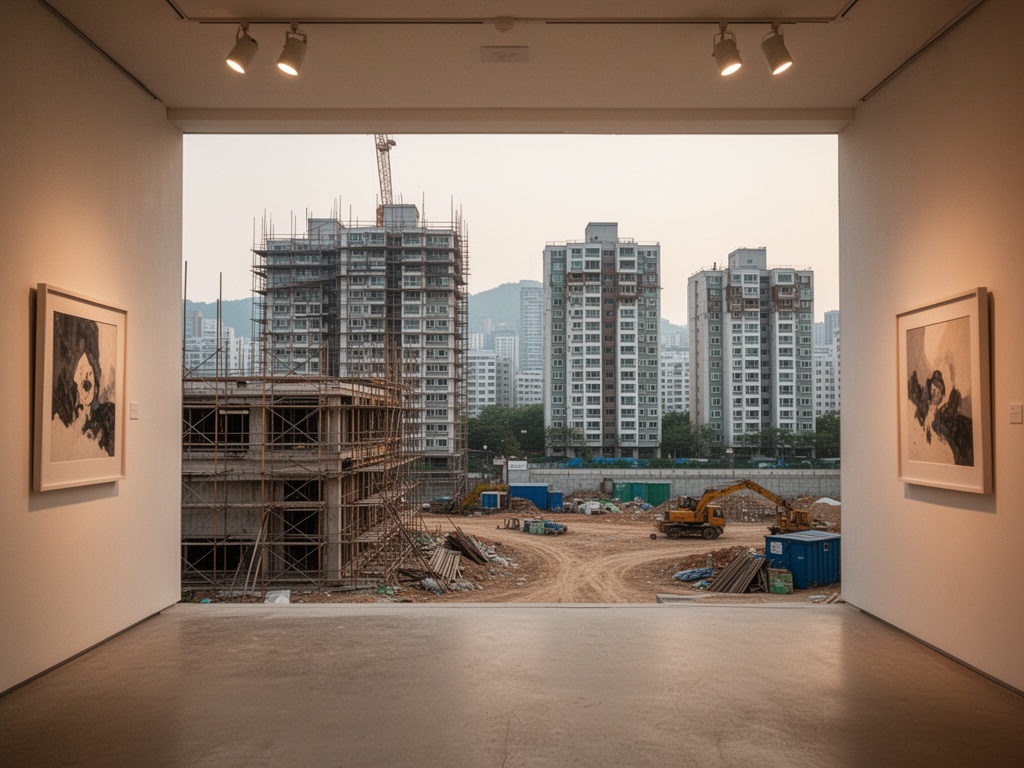 Wide view of Seoul's urban redevelopment site with construction scaffolding and apartment buildings under renovation against the skyline.