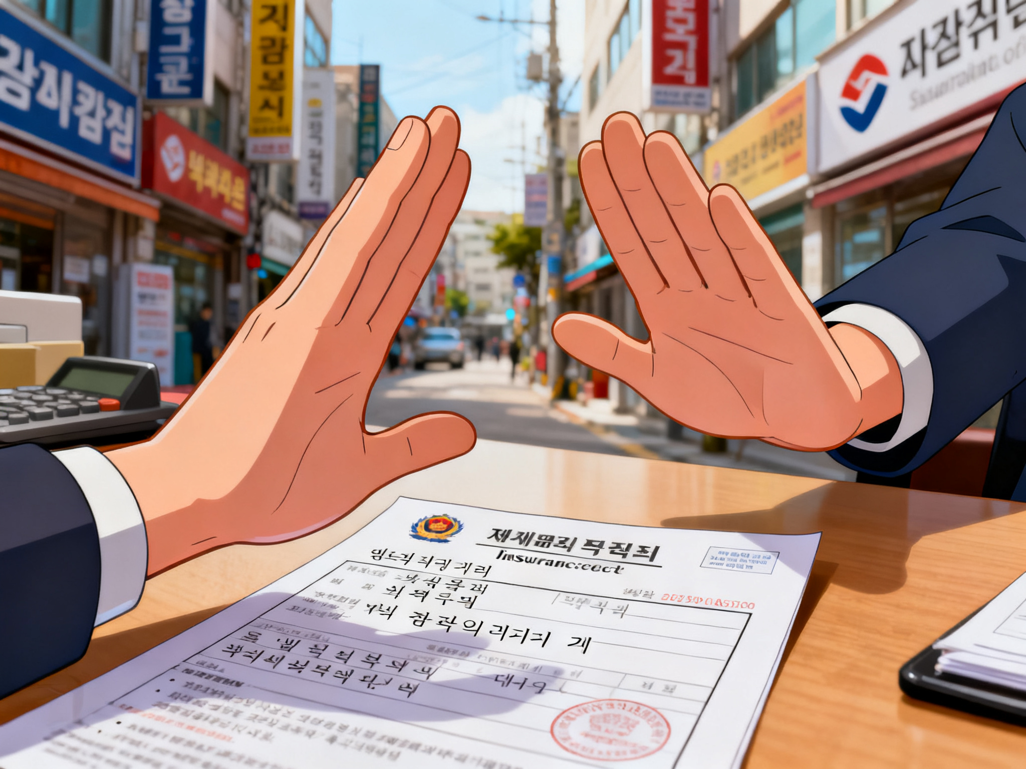 Close-up of hands rejecting a traditional insurance document on a desk with a subtle dismissive gesture.
