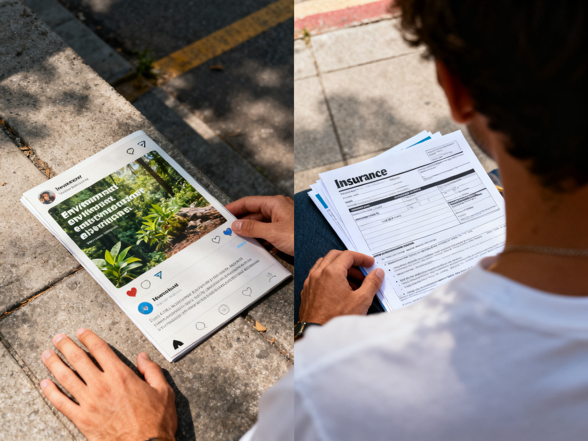 Split-screen moment: left side shows environmental content being shared on social media, right side shows insurance forms being set aside.