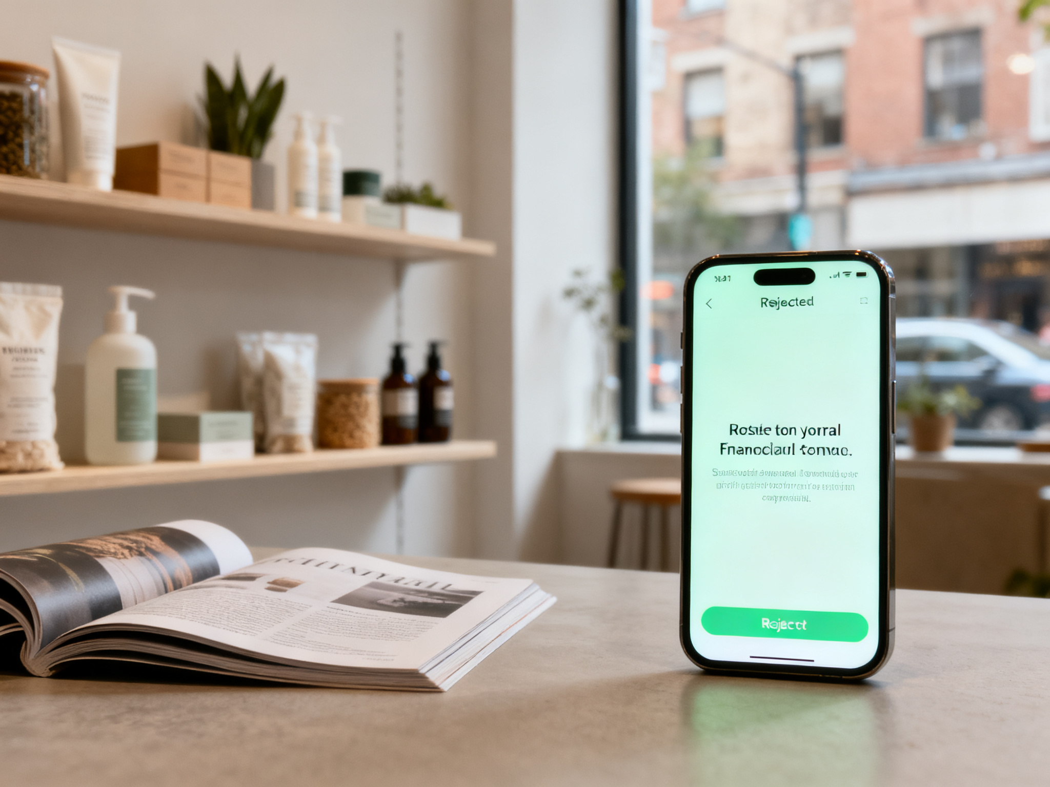 Wide shot of a minimalist room with sustainable products displayed on shelves while a phone screen glows with rejection of long-term financial commitment.