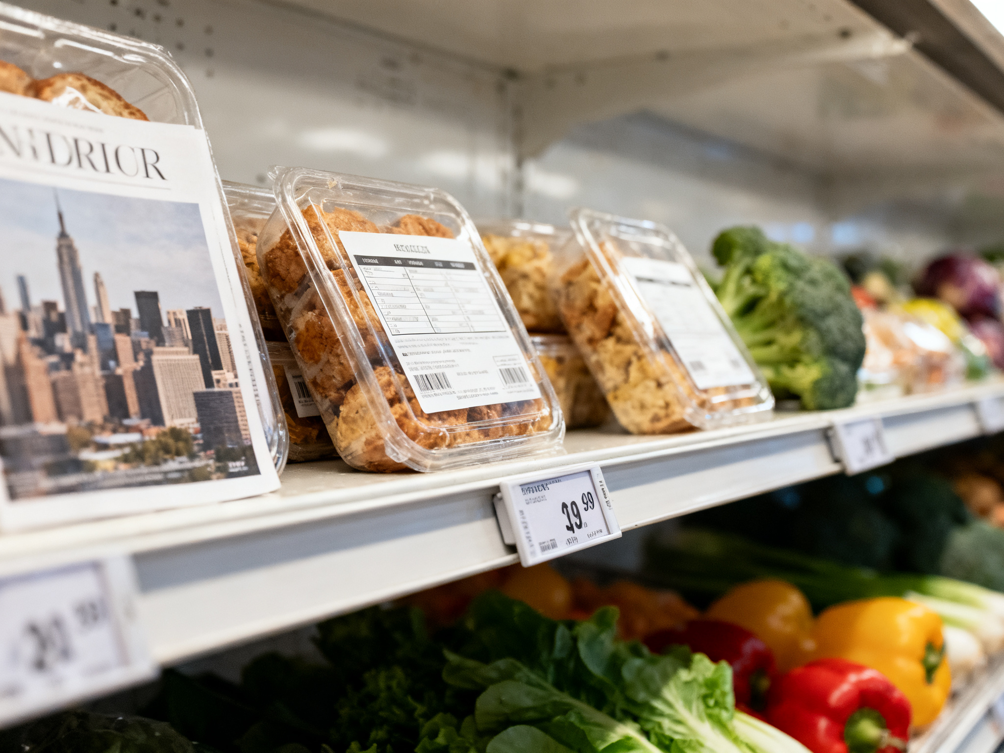 A grocery store shelf displaying packaged foods and fresh produce with price tags visible from customers' perspective.