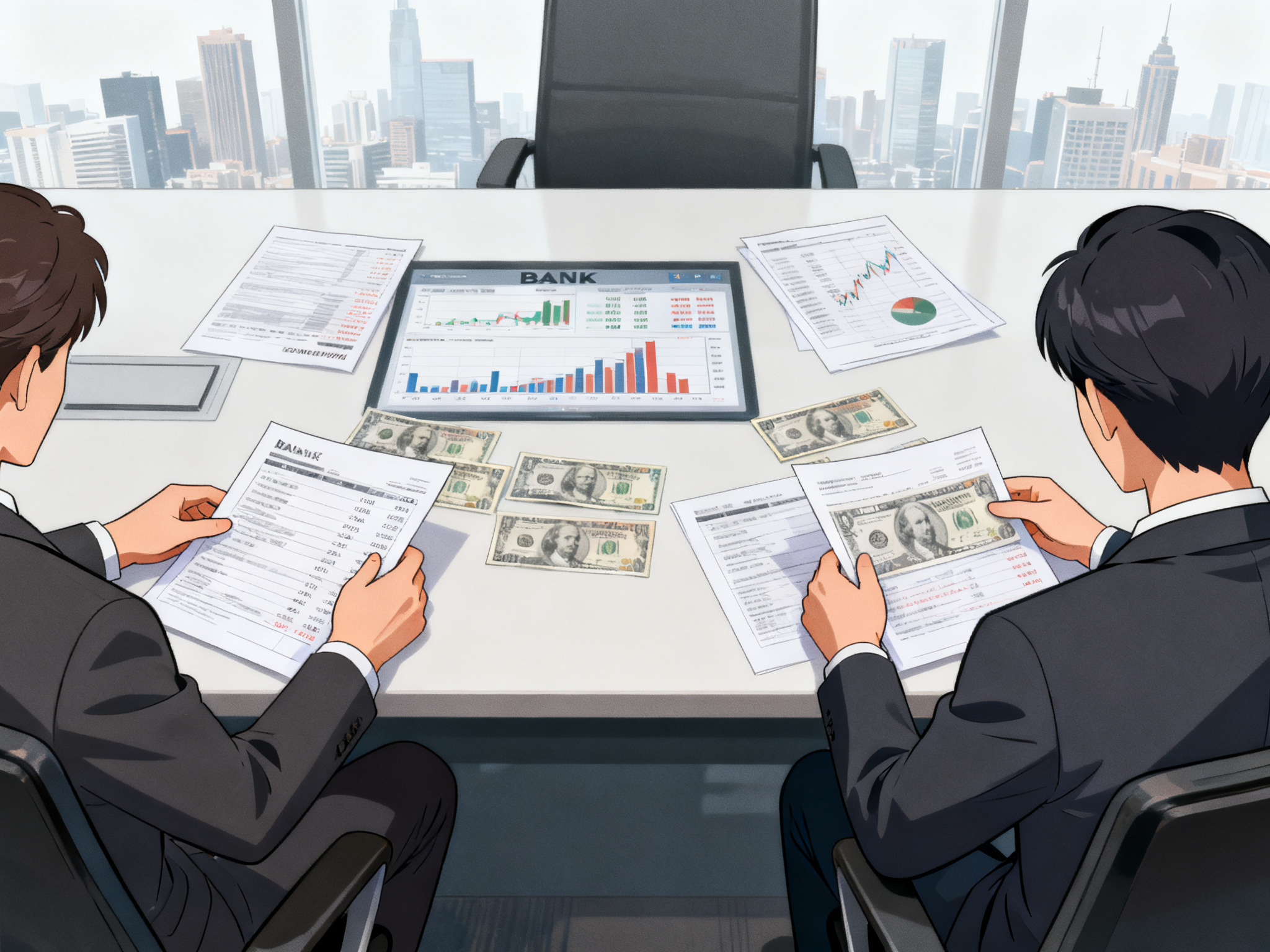 A bank office where officials in business attire review financial documents and currency charts at a conference table.