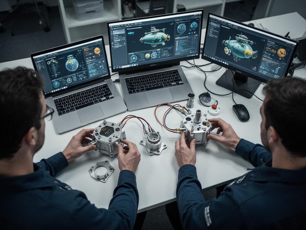 Technical engineers assembling compatible payload components designed for multi-mission underwater operations.