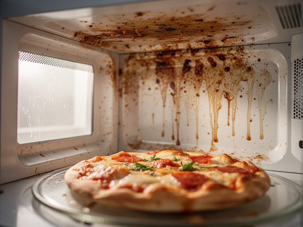 Microwave interior coated with grease stains and food residue buildup on walls and ceiling.