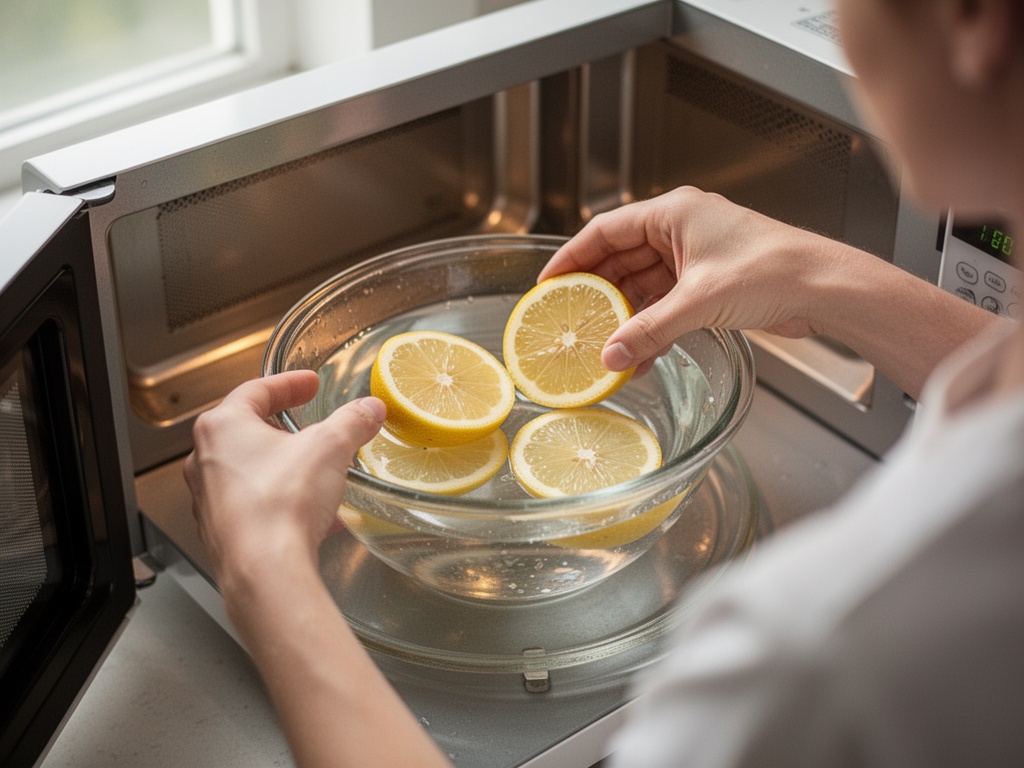 Hands placing lemon halves into a heat-resistant glass bowl filled with water, setting bowl inside microwave.