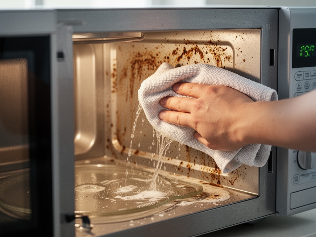 Damp kitchen towel wiping loosened grease from microwave interior walls after steam treatment, grime sliding away easily.