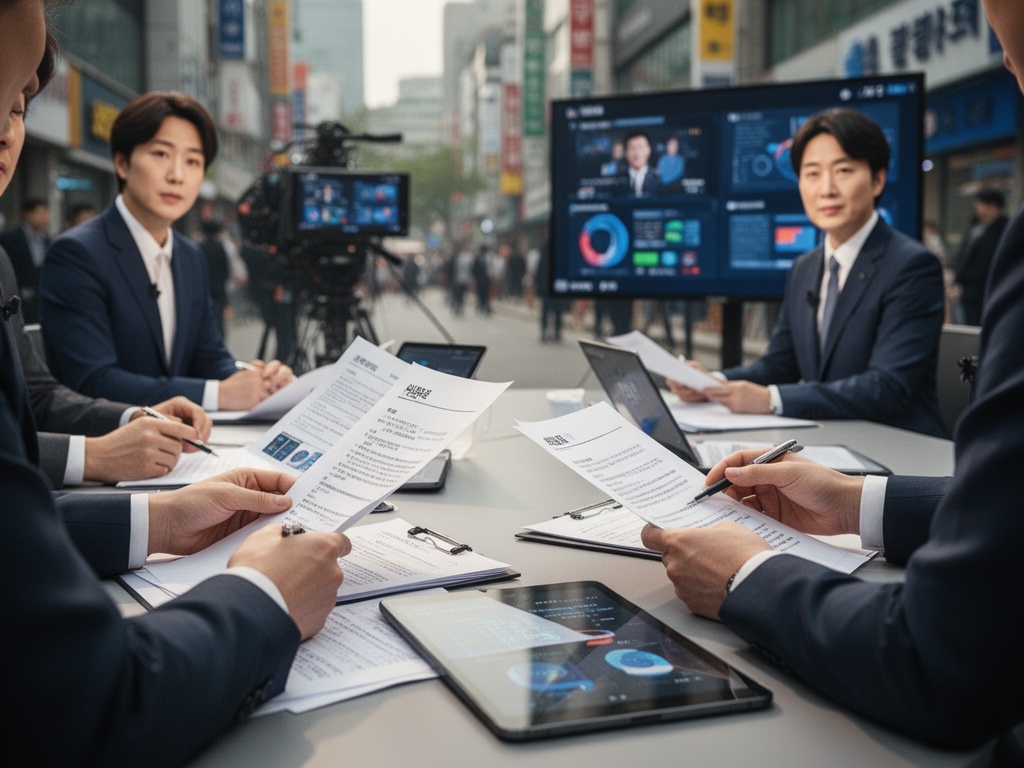 News anchors and panelists from two media outlets preparing scripts and graphics across multiple platform feeds before transmission.