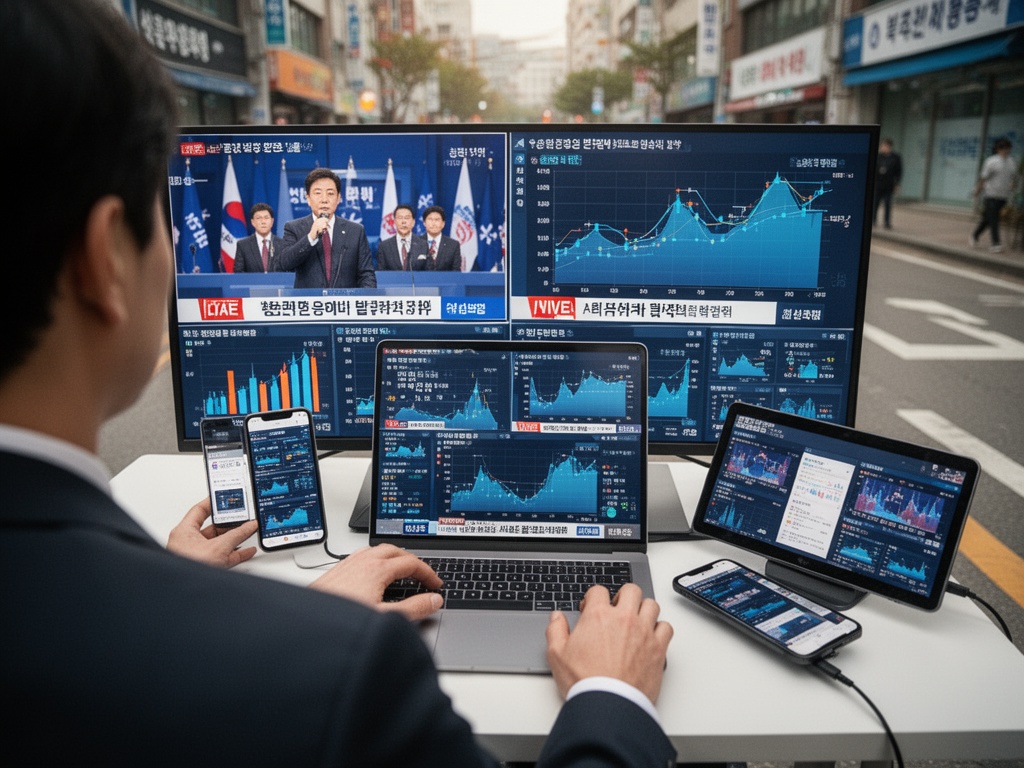 Live election night broadcast with split-screen analysis, AI vote projections rendering on monitors, and multi-platform distribution active simultaneously.