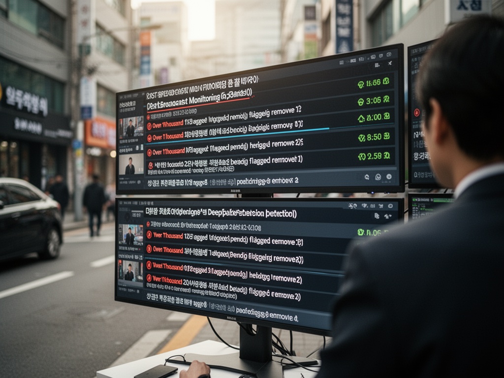 Post-broadcast monitoring stations displaying deepfake detection alerts stacking up, with over ten thousand flagged videos pending removal.