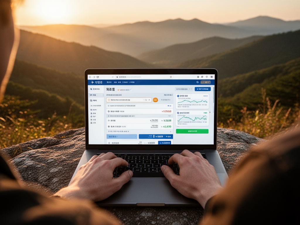 Hands typing search queries into a flight booking interface, with price-tracking alert notifications appearing on screen.