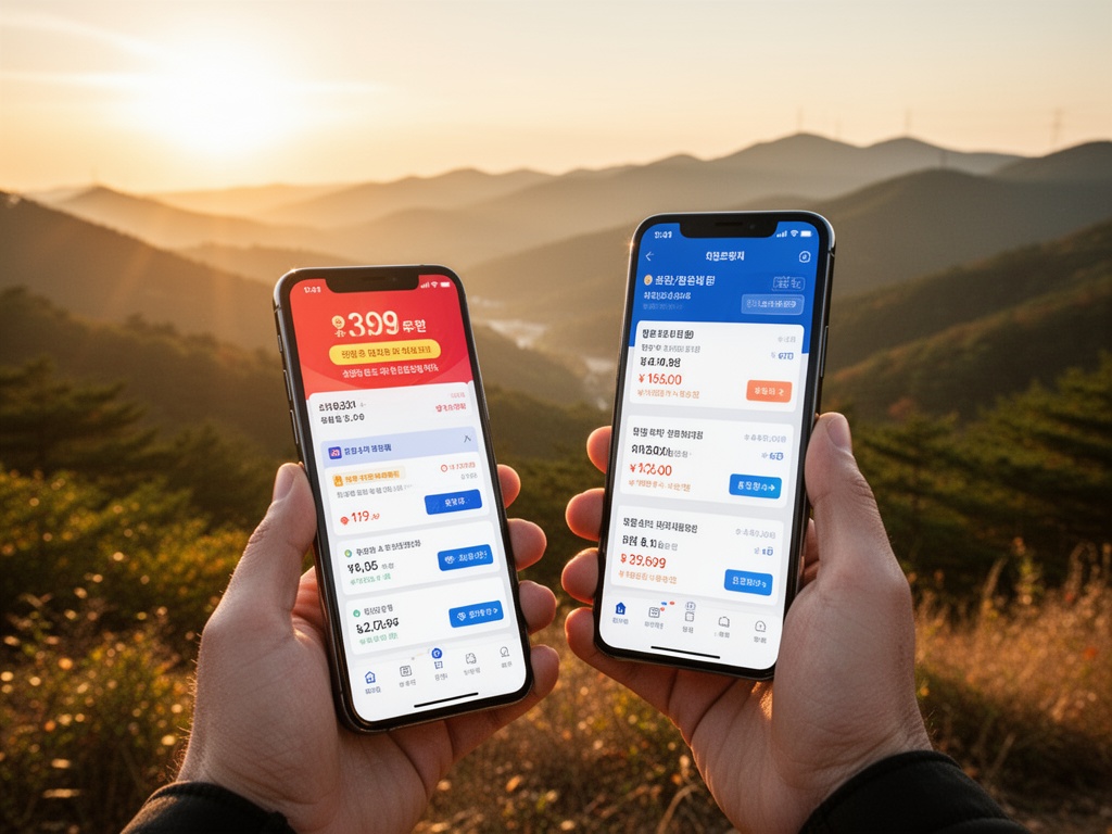 A Korean traveler viewing a smartphone with a price-drop alert banner, comparing multiple booking options side by side.