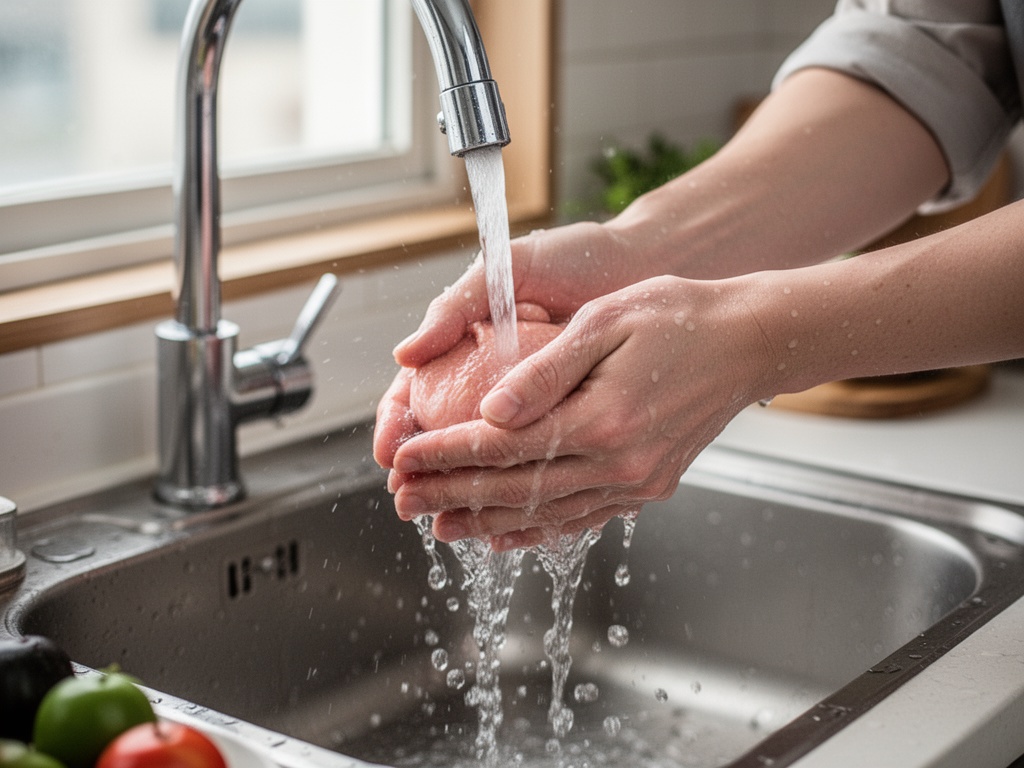 Hands washing thoroughly under running water before food preparation in a Korean home kitchen.