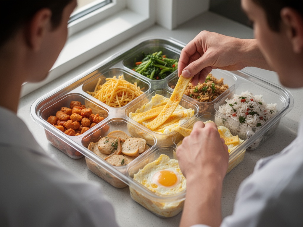 Cooked egg strips being carefully placed into individual compartment sections to prevent cross-contamination between foods.