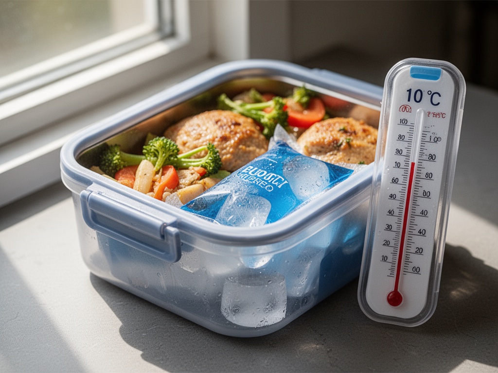 An insulated lunch container with ice pack stored in a shaded area, thermometer showing temperature below 10°C.