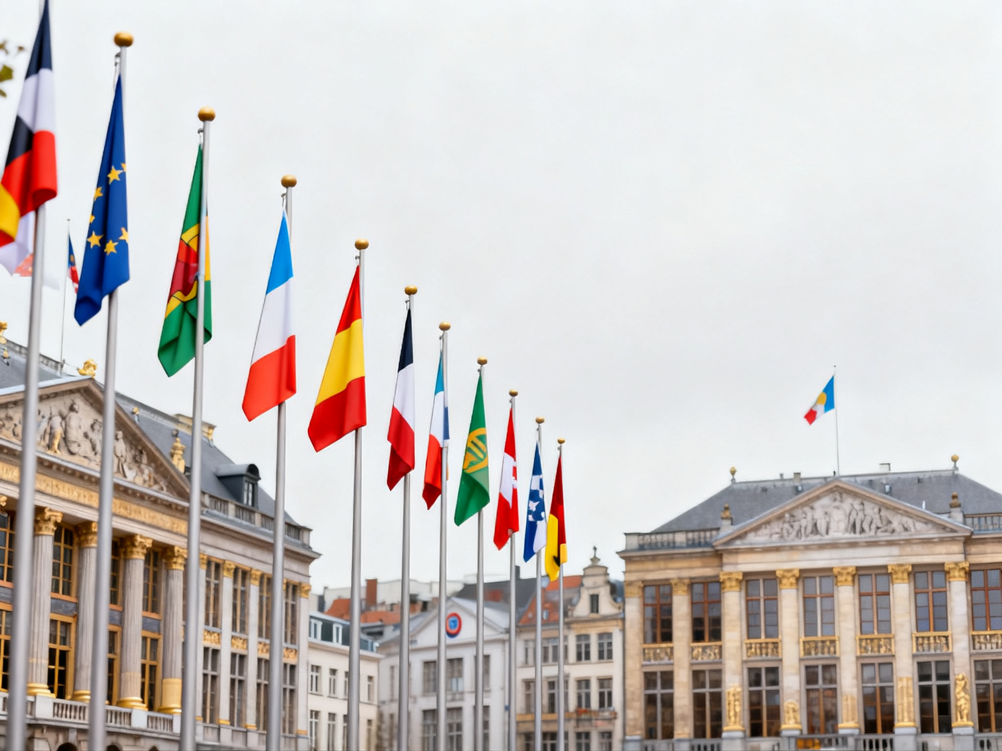 Wide cityscape view of Brussels government district with institutional buildings and flags representing multiple nations.