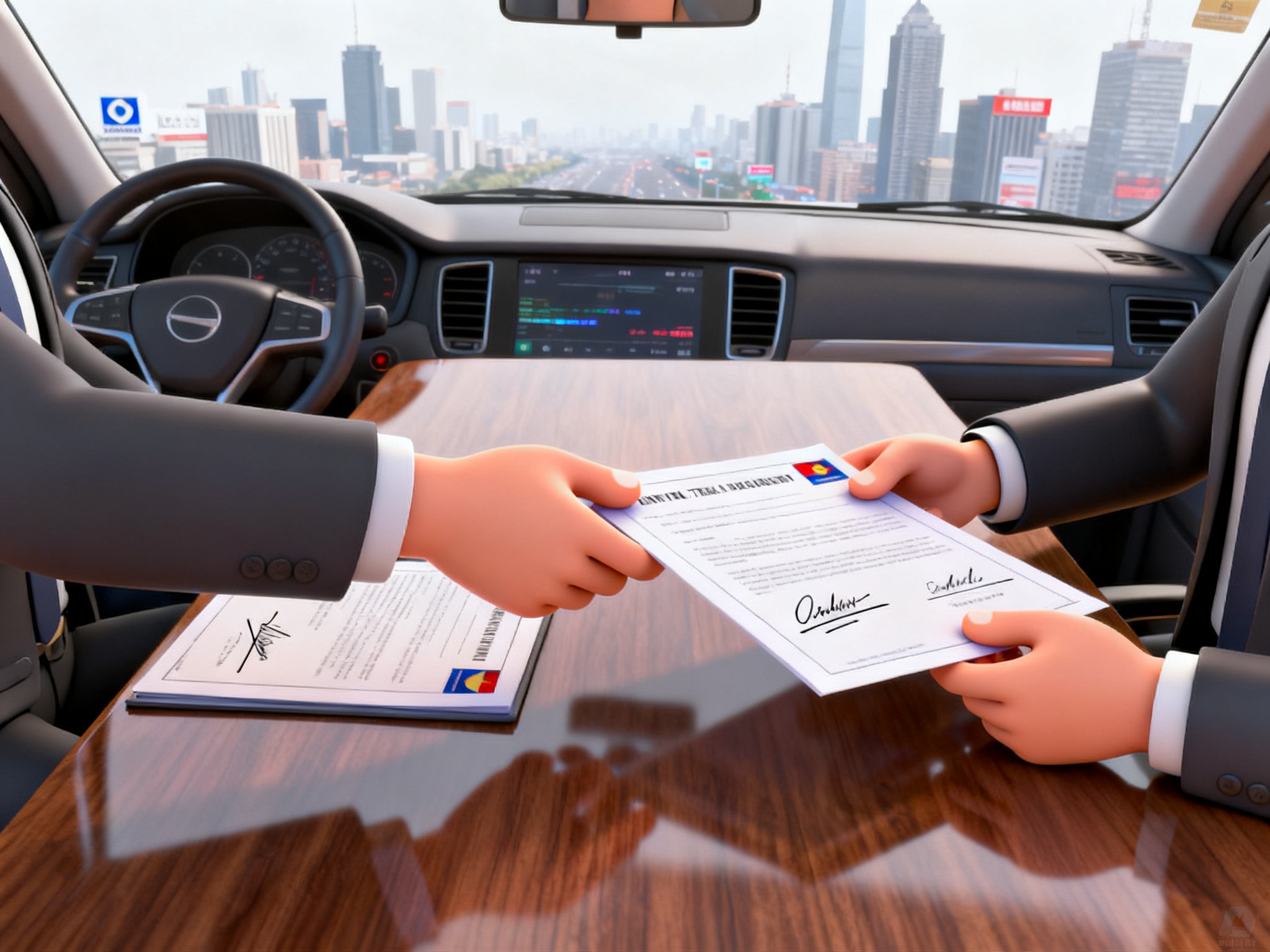 Close-up of hands exchanging signed bilateral digital trade agreement documents across polished wooden table.
