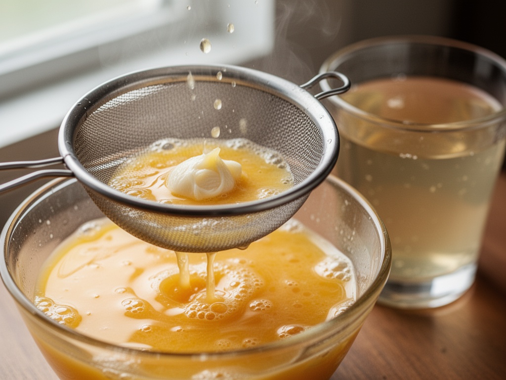 Beaten eggs being strained through a fine mesh sieve to remove chalazae, with a glass of clear dashi broth nearby.