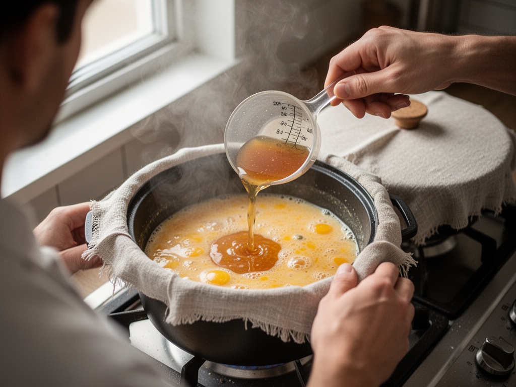 Hands pouring a measured ratio of broth into the egg mixture in a steaming vessel, then covering with cloth-lined lid over gentle heat.