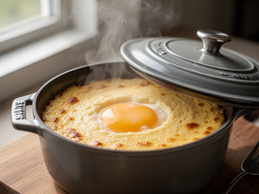 Steam wisping from the edge of a slightly angled lid after 12-15 minutes, revealing the finished pudding-textured egg custard inside.