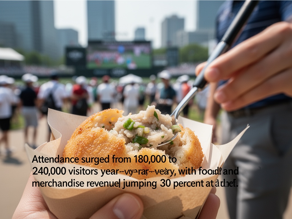 Attendance surged from 180,000 to 240,000 visitors year-over-year, with food and merchandise revenue jumping 30 percent at the PGA tournament.