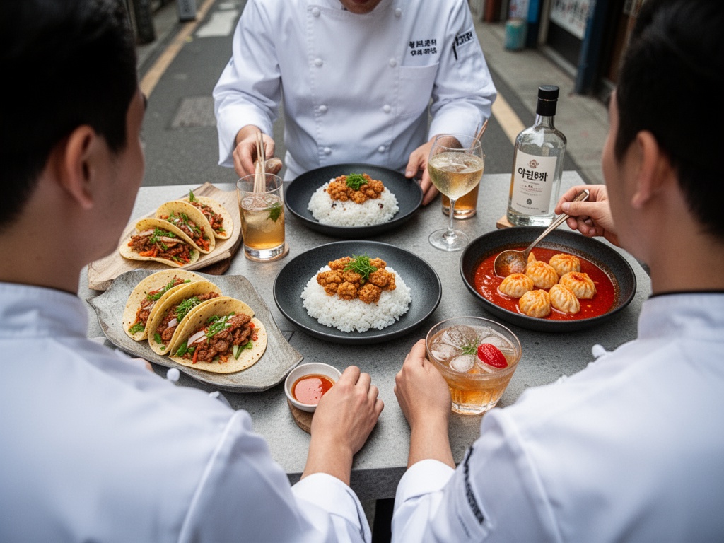 Three international chefs rotating daily menus—kimchi pork belly tacos, Korean chicken rice, and red dragon sauce dumplings—alongside Korean distilled spirit cocktails.