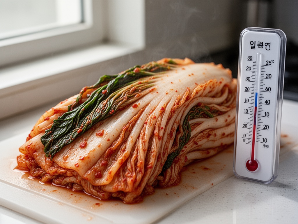 Fresh kimchi at room temperature showing early fermentation signs, placed beside a thermometer reading 25°C on a Korean kitchen counter.