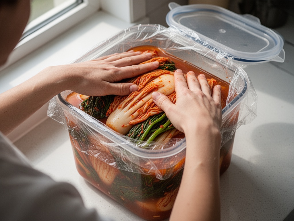 Hands pressing kimchi down into a sealed storage container, ensuring vegetables are submerged in brine, then covering with food-safe plastic wrap.