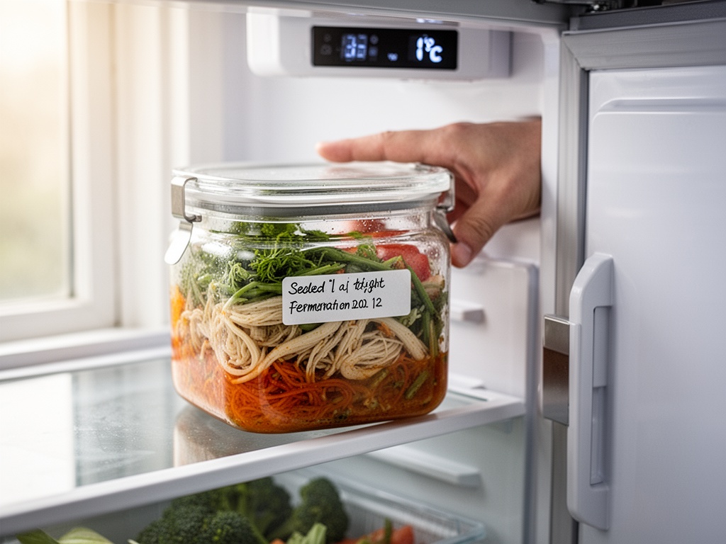 Sealed airtight container labeled with fermentation date being placed into a refrigerator set to minus 1°C, door closing gently.
