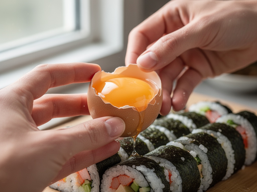 Close-up of bare hands touching raw egg shell before kimbap preparation, highlighting cross-contamination risk.