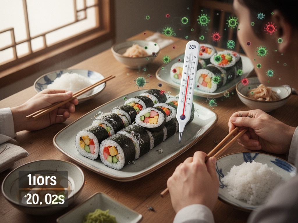 A thermometer showing room temperature placement of wrapped kimbap on a Korean dining table with hours passing, bacteria multiplying invisibly.