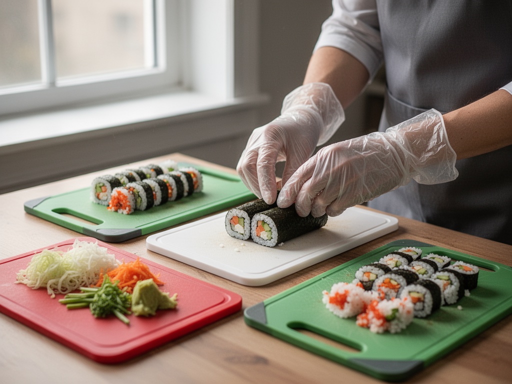 A person wearing food-safe gloves carefully preparing kimbap ingredients with separate cutting boards, demonstrating proper hygiene protocol.