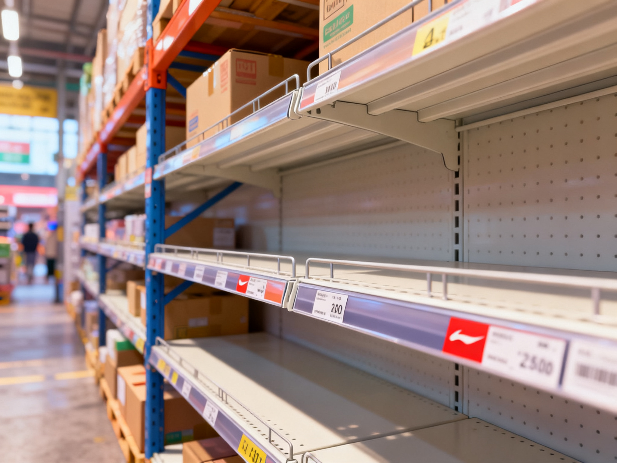 Empty retail shelves and logistics hub showing pre-event inventory preparation and distribution setup.
