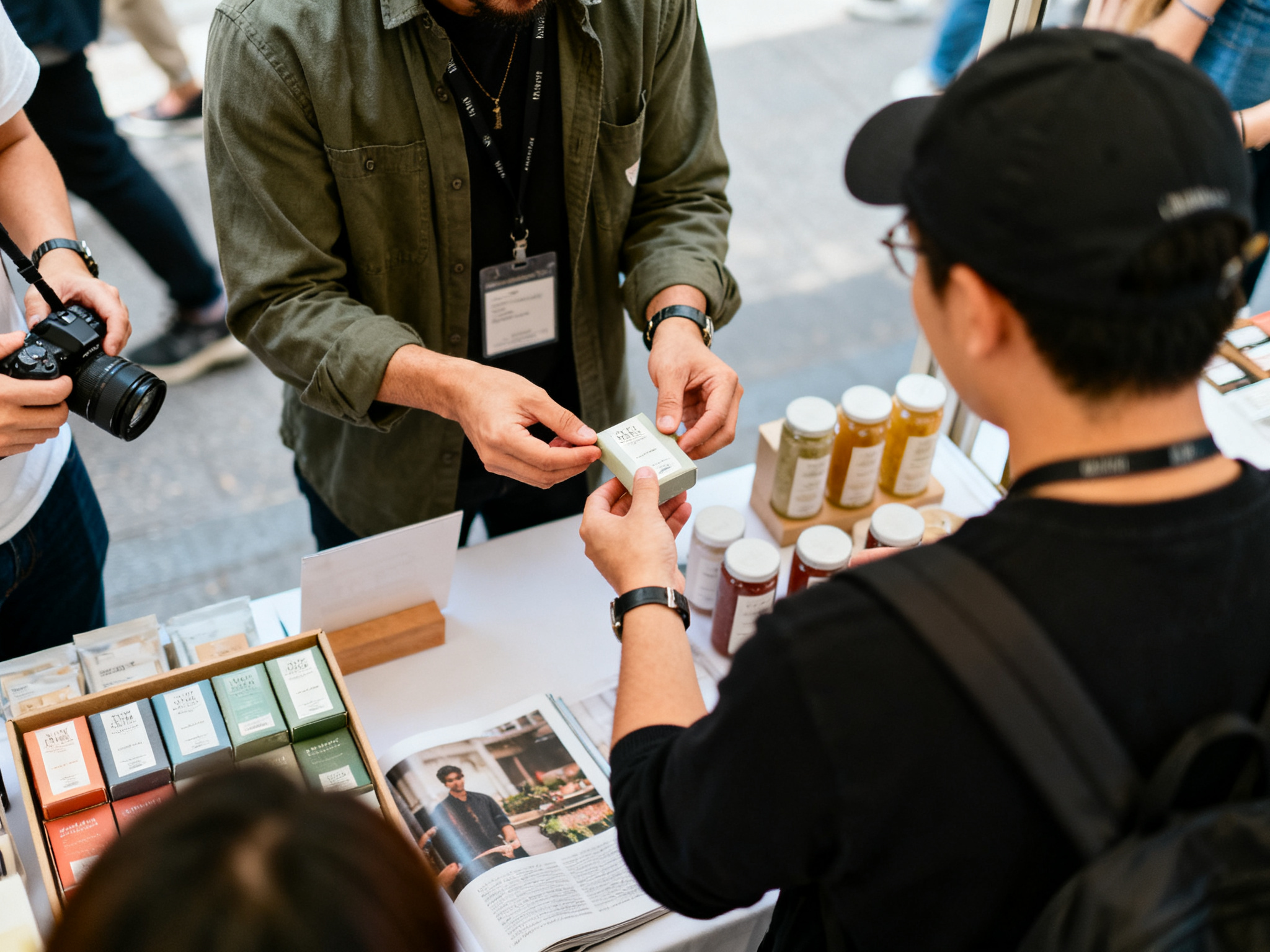 Content creators and consumers actively sampling products at booth stations with engaged interactions and transactions.