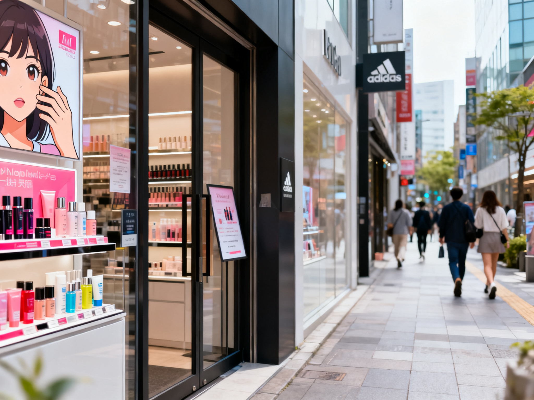 Retail storefront entrance displaying beauty product signage with foot traffic flowing through modern shopping district.