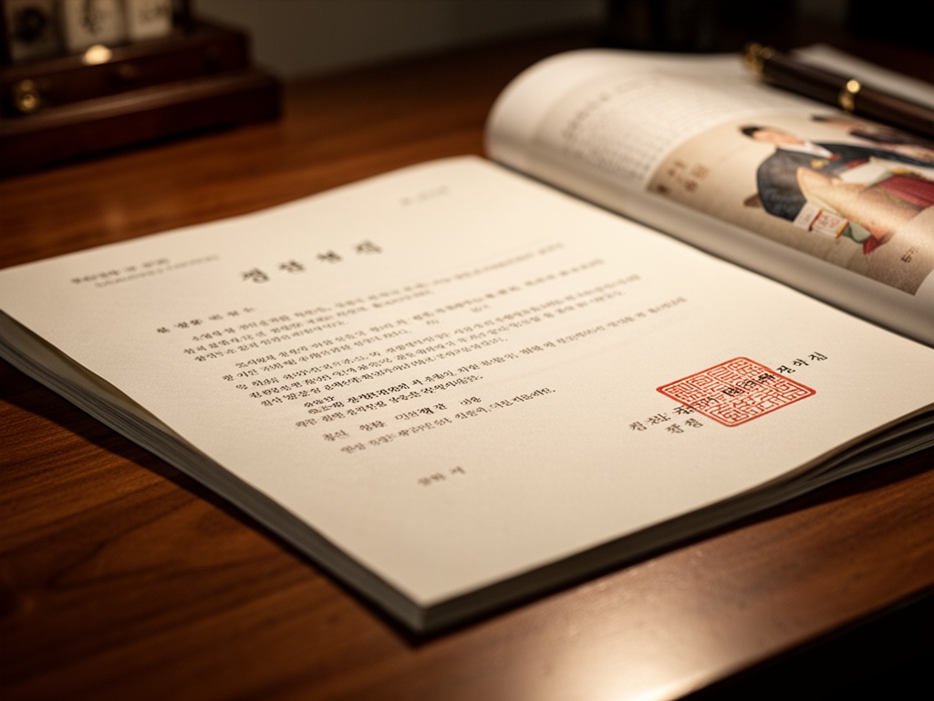 A Korean publisher's contract document with red seal stamp lying open on a wooden desk.