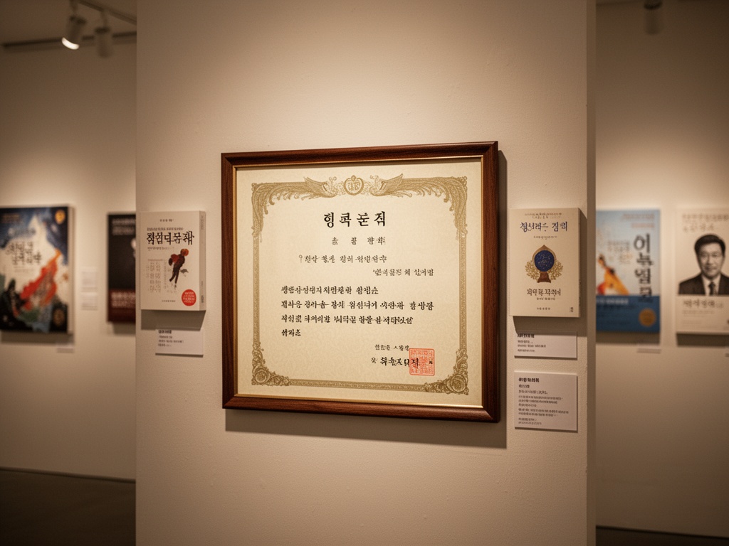 A Korean literary award certificate framed on a gallery wall, surrounded by international book covers in soft gallery lighting.
