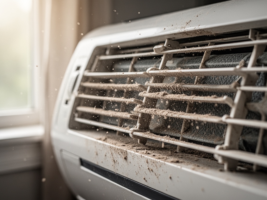 Grimy air conditioner filter caked with dust particles blocking airflow, causing inefficiency and higher electricity consumption.
