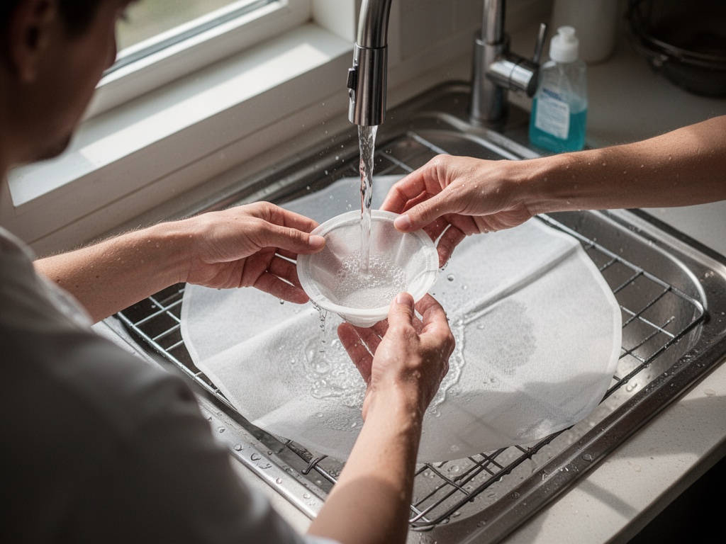 Hands rinsing a removed filter under running water with neutral detergent, then laying it flat in shaded ventilation to air-dry completely.