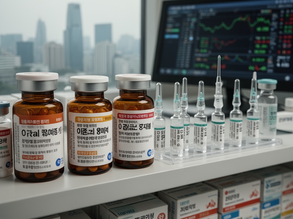 Korean hospital pharmacy counter displaying oral medication bottles alongside injectable vials, representing treatment format shift.