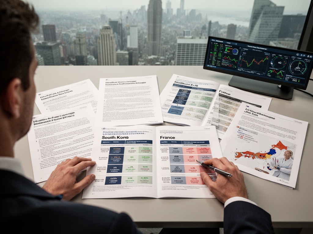 Healthcare policy documents and insurance coverage comparison charts for South Korea, US, France, and Japan spread across a desk.