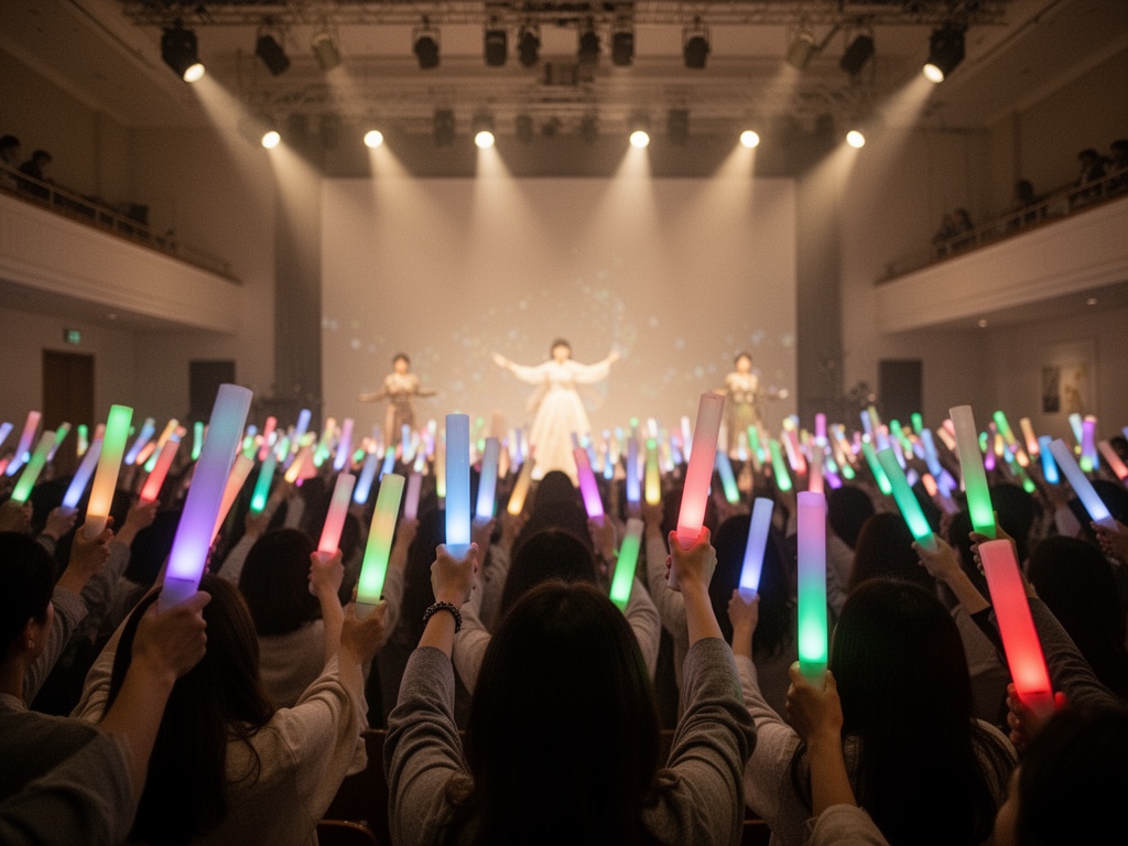 Crowd of fans holding light sticks in unison during live performance, creating waves of color throughout venue.