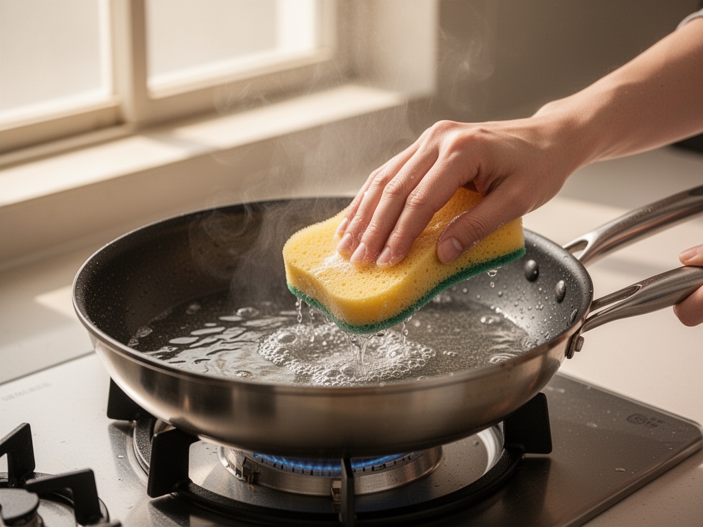 Close-up of a hot pan being cooled naturally at room temperature before gentle hand-washing with soft sponge.