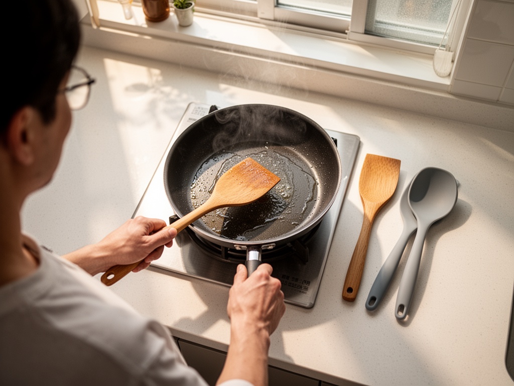 Wooden spatula and silicone utensils laid beside a pan during cooking over medium heat in a Korean home kitchen.
