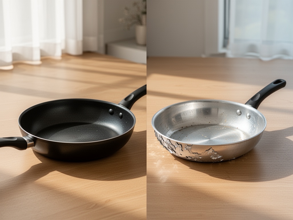 Comparison view of two pans side-by-side, one with intact coating and one with 30% peeling exposing the aluminum base underneath.