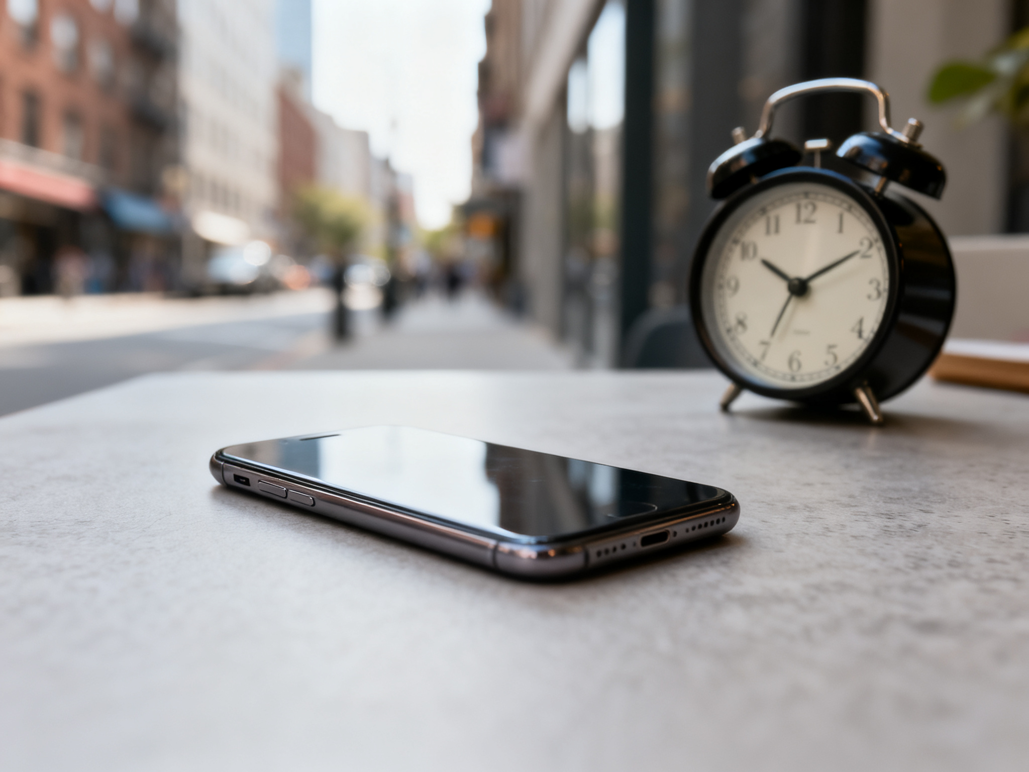 Empty desk with a smartphone placed face-up, alarm clock showing afternoon hours nearby.